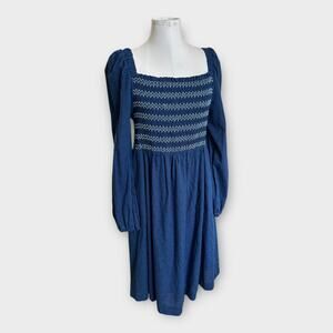 Draper James RSVP Women's Blue Square Neck Smocked Dress Boho Cottagecore XL